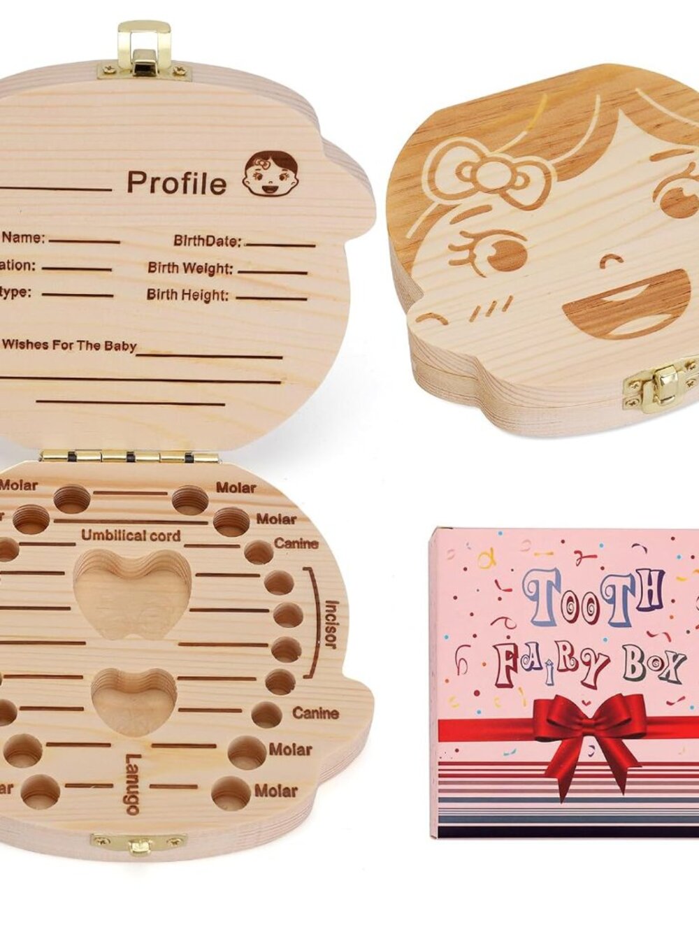 Baby Tooth Box Wooden Kids Keepsake Organizer Gift for Baby Teeth, Cute Children